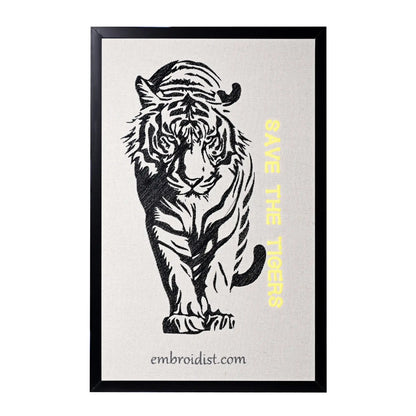 Machine embroidered tiger conservation wall art — 45,191 stitches on canvas by Embroidist