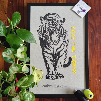 Save The Tigers embroidered wall art lifestyle image — framed art in home setting by Embroidist