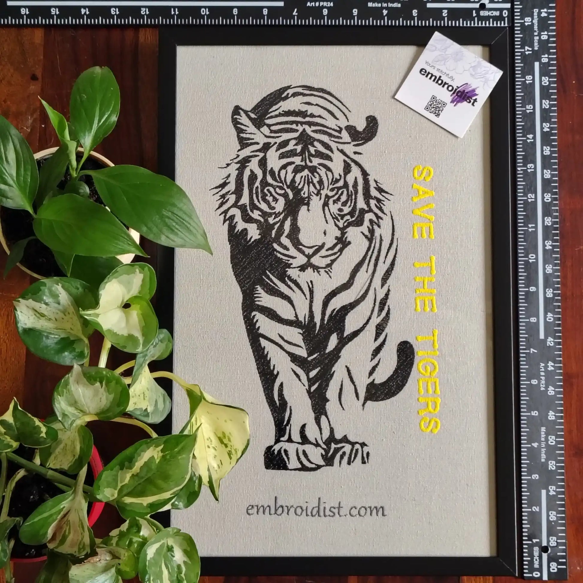 Framed tiger embroidered wall art — 17.3x11.3 inch machine embroidery handcrafted in India by Embroidist