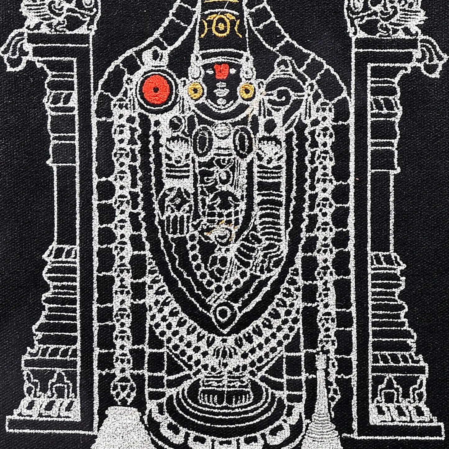 Close up of Lord Venkateshwara thread embroidery detail — spiritual wall art by Embroidist