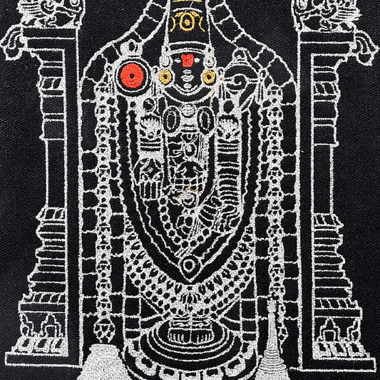 Close up of Lord Venkateshwara thread embroidery detail — spiritual wall art by Embroidist