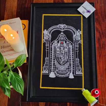Lord Venkateshwara Tirupati embroidered wall art lifestyle image — framed art in home setting by Embroidist