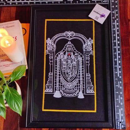 Framed Lord Venkateshwara Tirupati embroidered wall art — 15.5x10.5 inch machine embroidery handcrafted in India by Embroidist