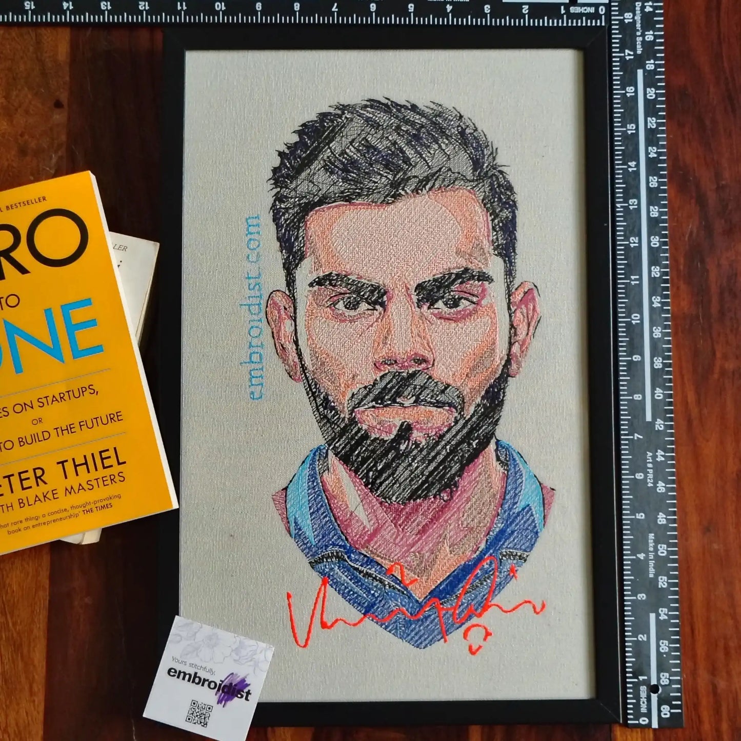 Framed Virat Kohli embroidered wall art — 17.3x11.3 inch machine embroidery handcrafted in India by Embroidist