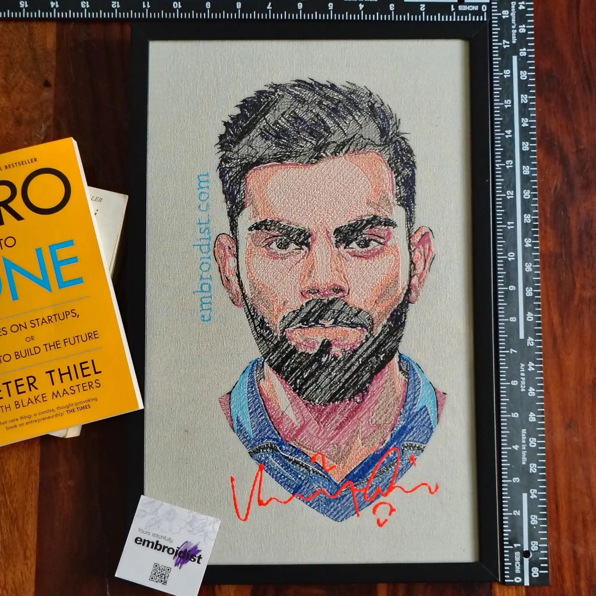 Framed Virat Kohli embroidered wall art — 17.3x11.3 inch machine embroidery handcrafted in India by Embroidist