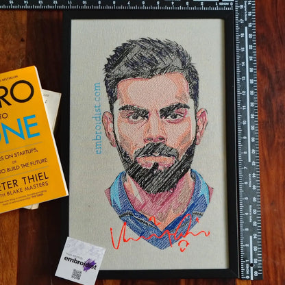 Framed Virat Kohli embroidered wall art — 17.3x11.3 inch machine embroidery handcrafted in India by Embroidist