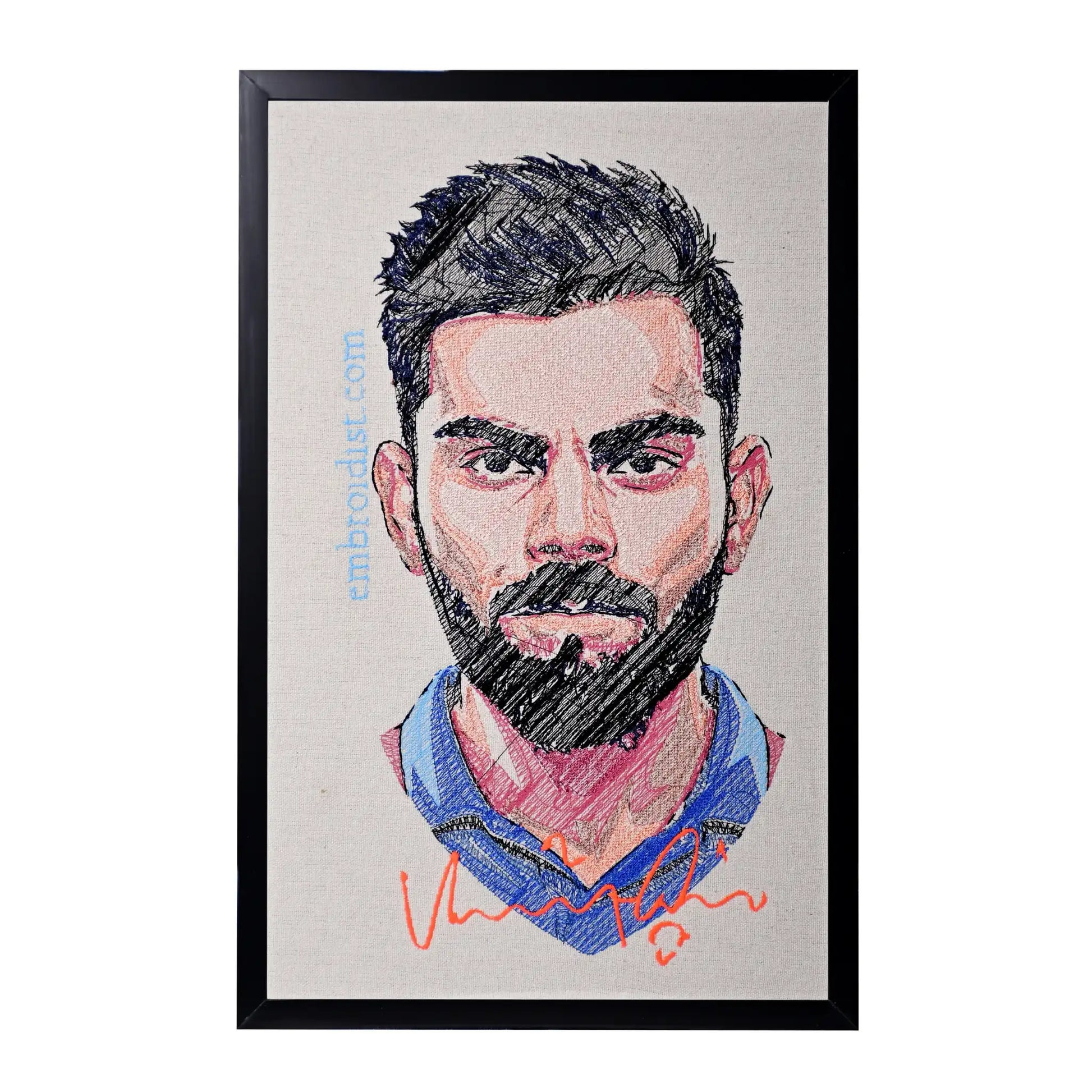 Machine embroidered Virat Kohli portrait wall art — 67,518 stitches on canvas by Embroidist