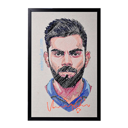 Machine embroidered Virat Kohli portrait wall art — 67,518 stitches on canvas by Embroidist