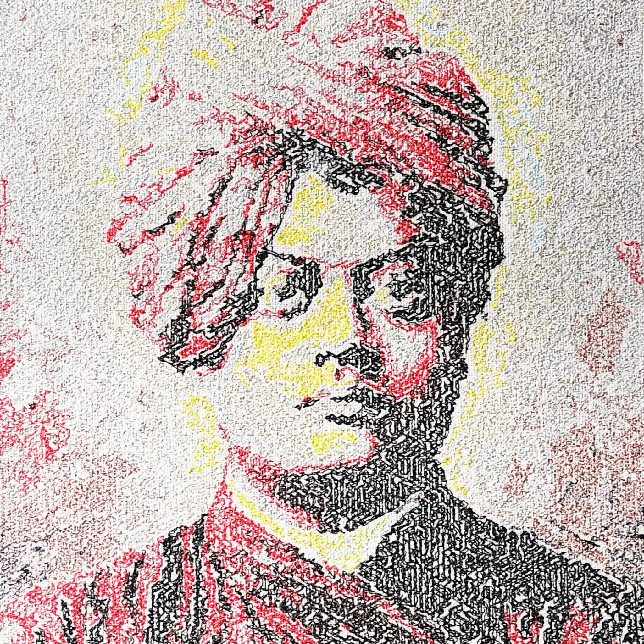 Close up of Swami Vivekananda thread embroidery portrait detail — spiritual wall art by Embroidist