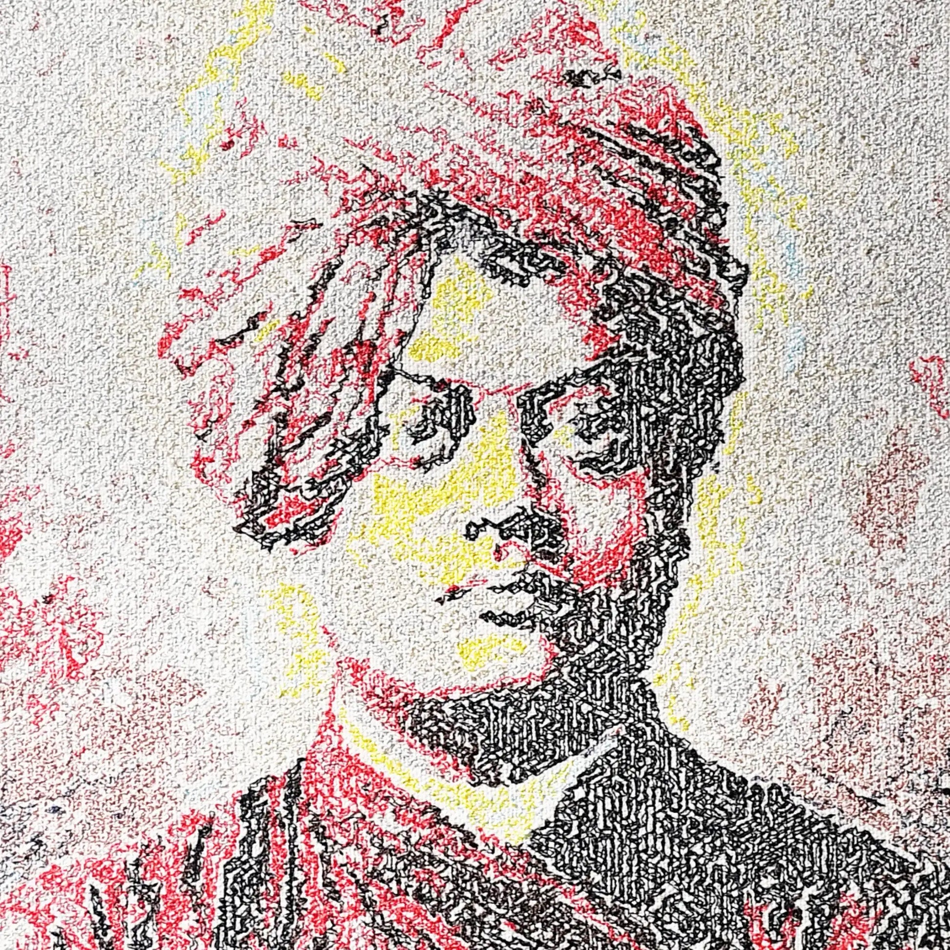 Close up of Swami Vivekananda thread embroidery portrait detail — spiritual wall art by Embroidist
