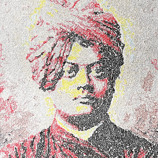 Close up of Swami Vivekananda thread embroidery portrait detail — spiritual wall art by Embroidist