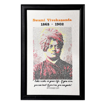 Machine embroidered Swami Vivekananda portrait wall art — 94,825 stitches on canvas by Embroidist