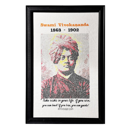 Machine embroidered Swami Vivekananda portrait wall art — 94,825 stitches on canvas by Embroidist