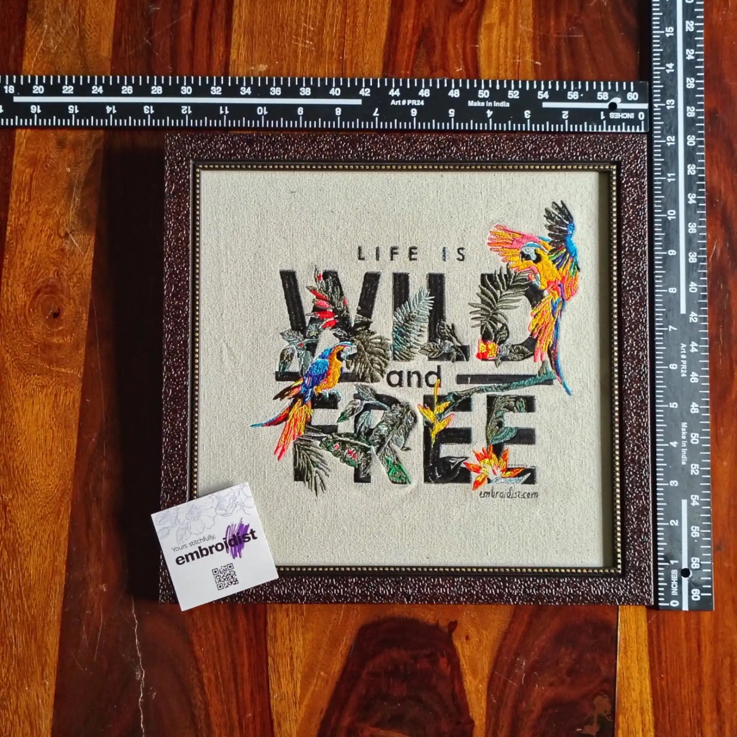 Framed wildlife embroidered wall art — 11.9x12.1 inch machine embroidery handcrafted in India by Embroidist