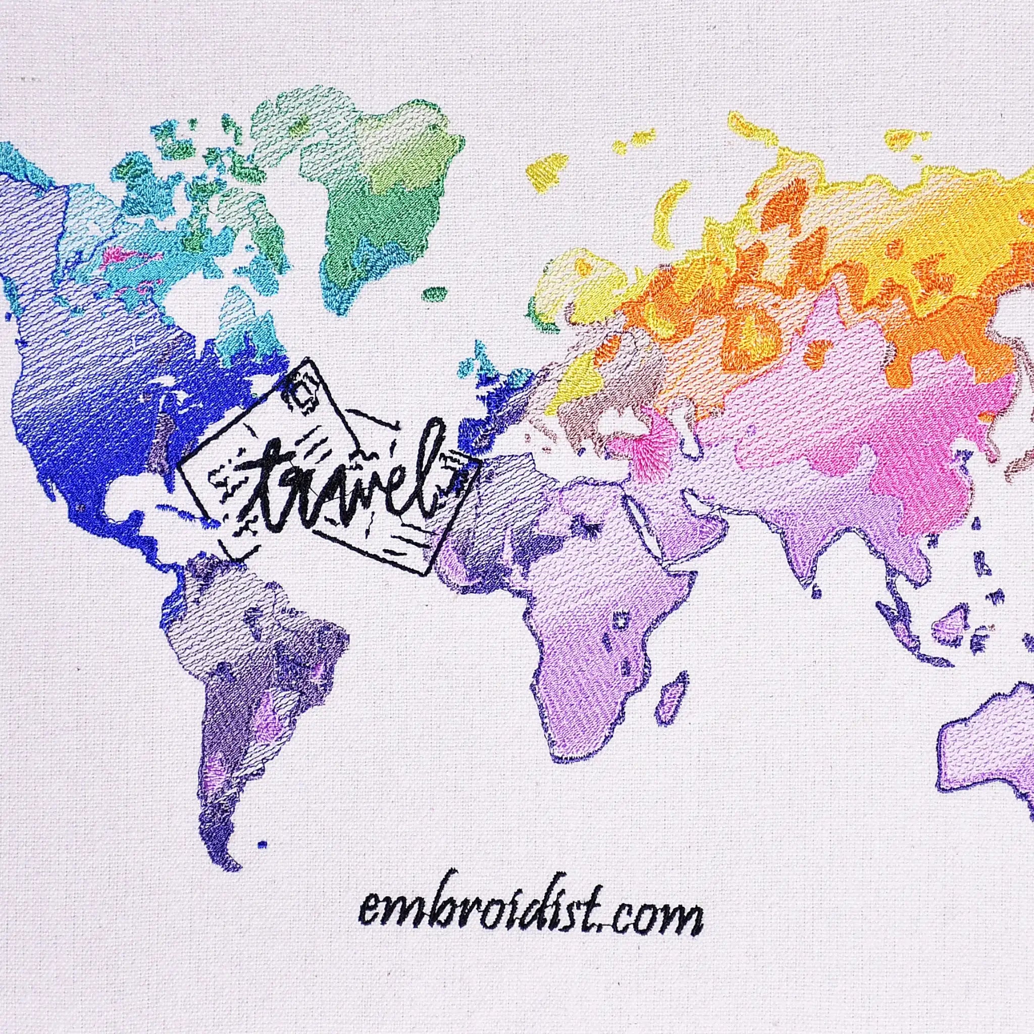 Close up of colourful world map thread embroidery detail — wall art by Embroidist