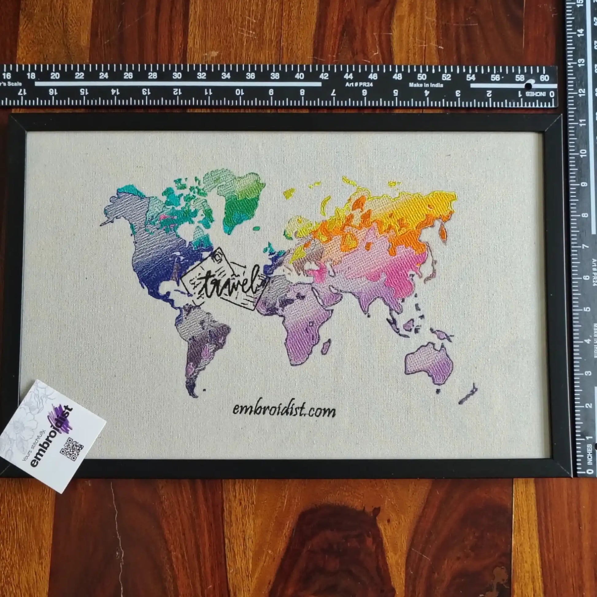 Framed travel world map embroidered wall art — 11.3x17.3 inch machine embroidery handcrafted in India by Embroidist