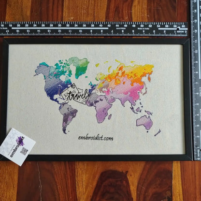Framed travel world map embroidered wall art — 11.3x17.3 inch machine embroidery handcrafted in India by Embroidist