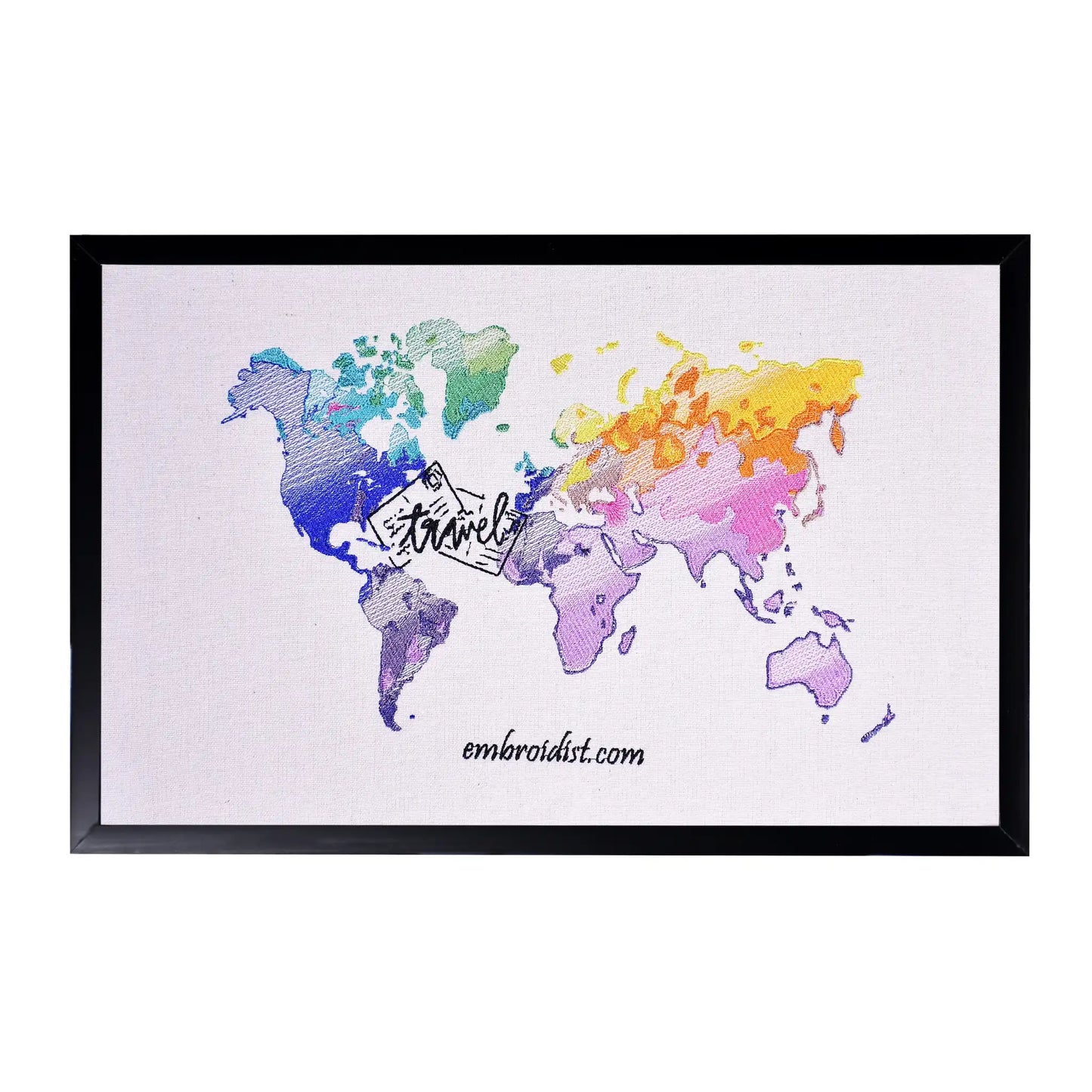 Machine embroidered travel world map wall art — 47,655 stitches on canvas by Embroidist