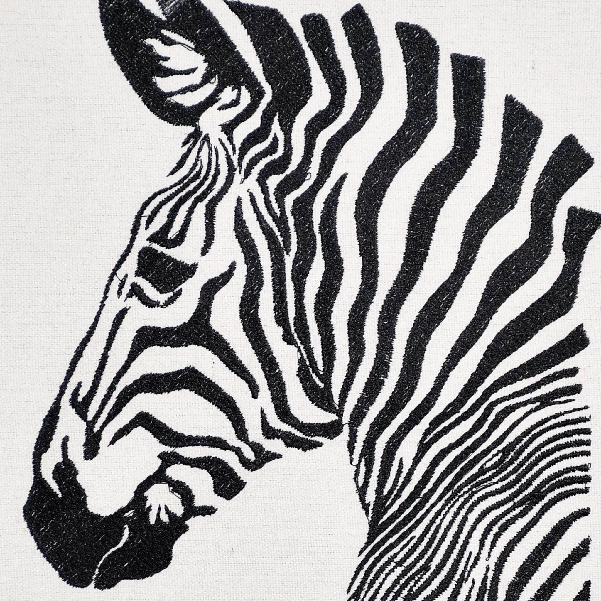 Close up of zebra stripe thread embroidery detail — wildlife wall art by Embroidist