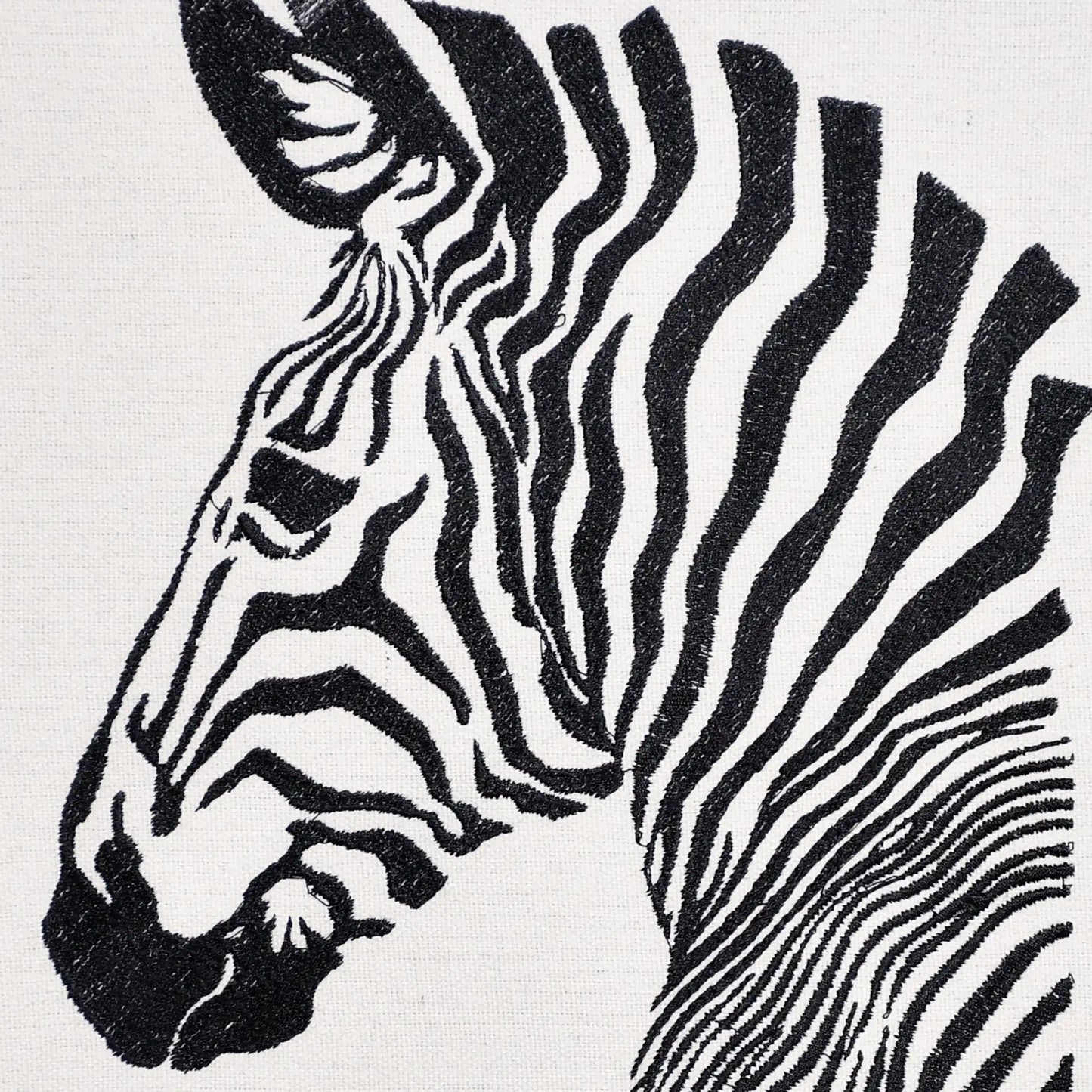 Close up of zebra stripe thread embroidery detail — wildlife wall art by Embroidist
