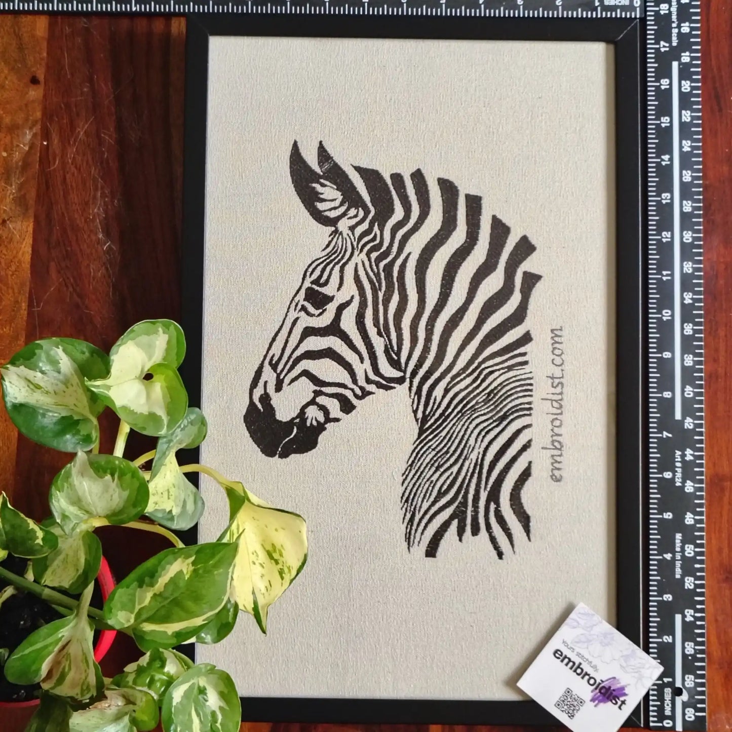 Framed zebra embroidered wall art — 17.3x11.3 inch machine embroidery handcrafted in India by Embroidist