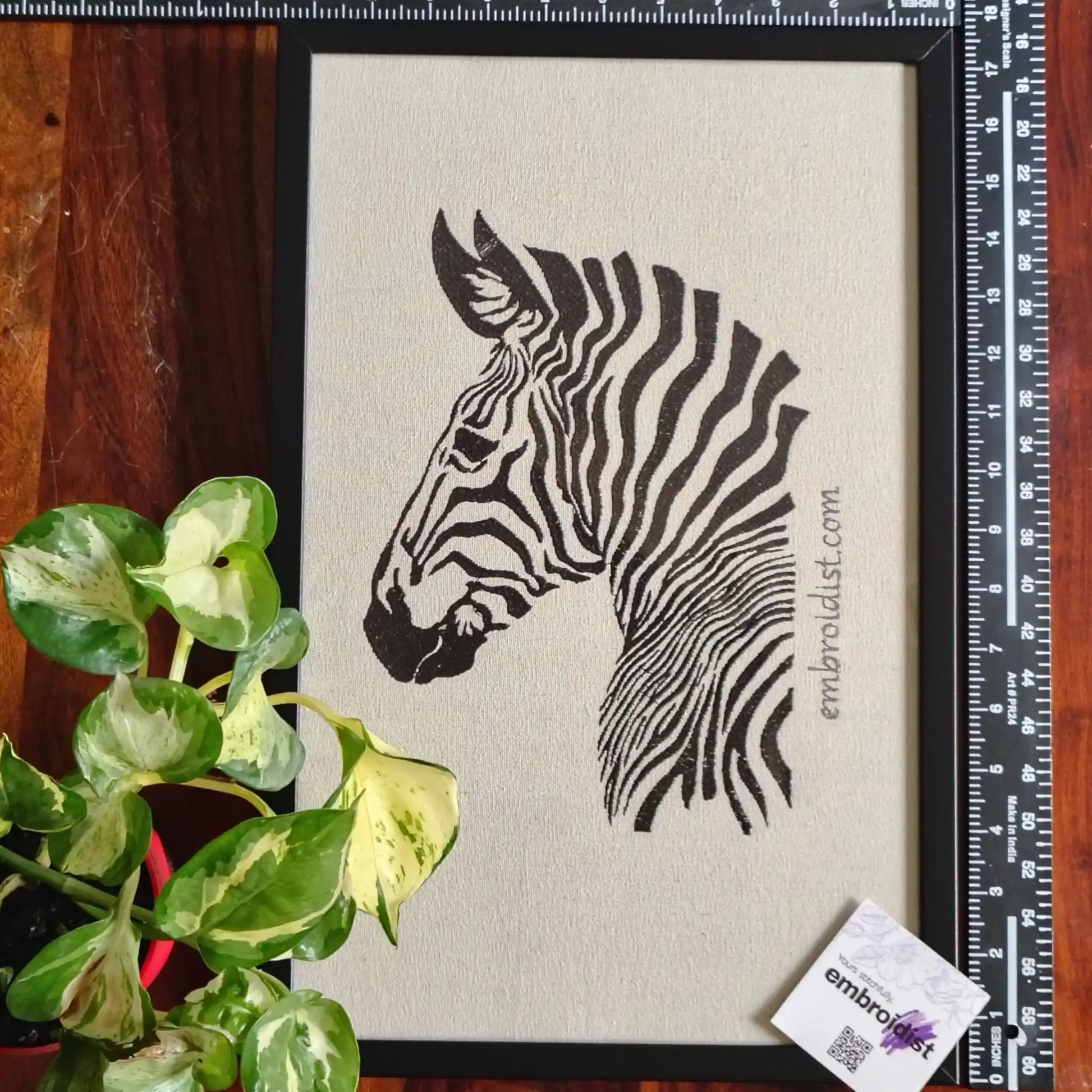 Framed zebra embroidered wall art — 17.3x11.3 inch machine embroidery handcrafted in India by Embroidist