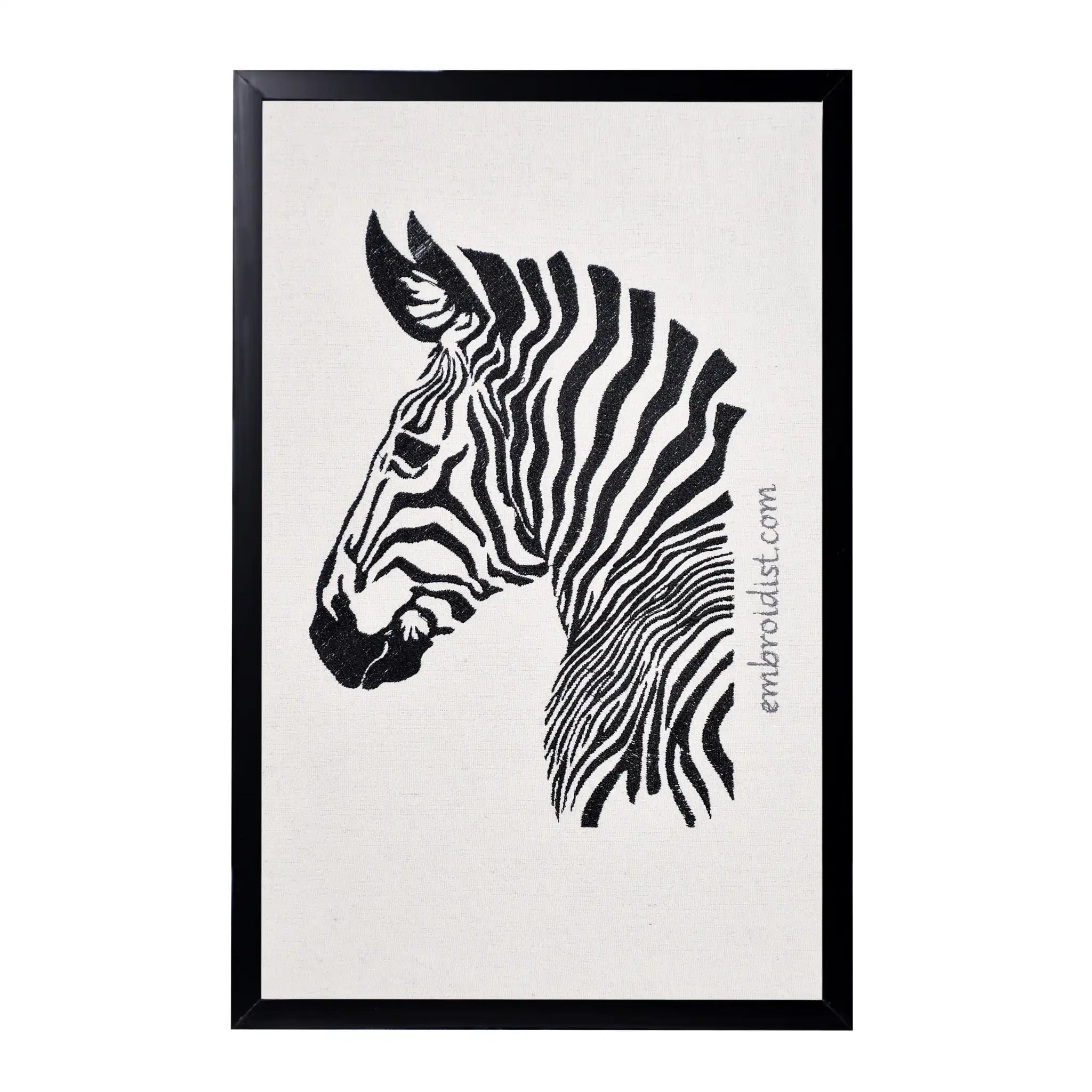 Machine embroidered zebra wall art — 46,892 stitches on canvas by Embroidist