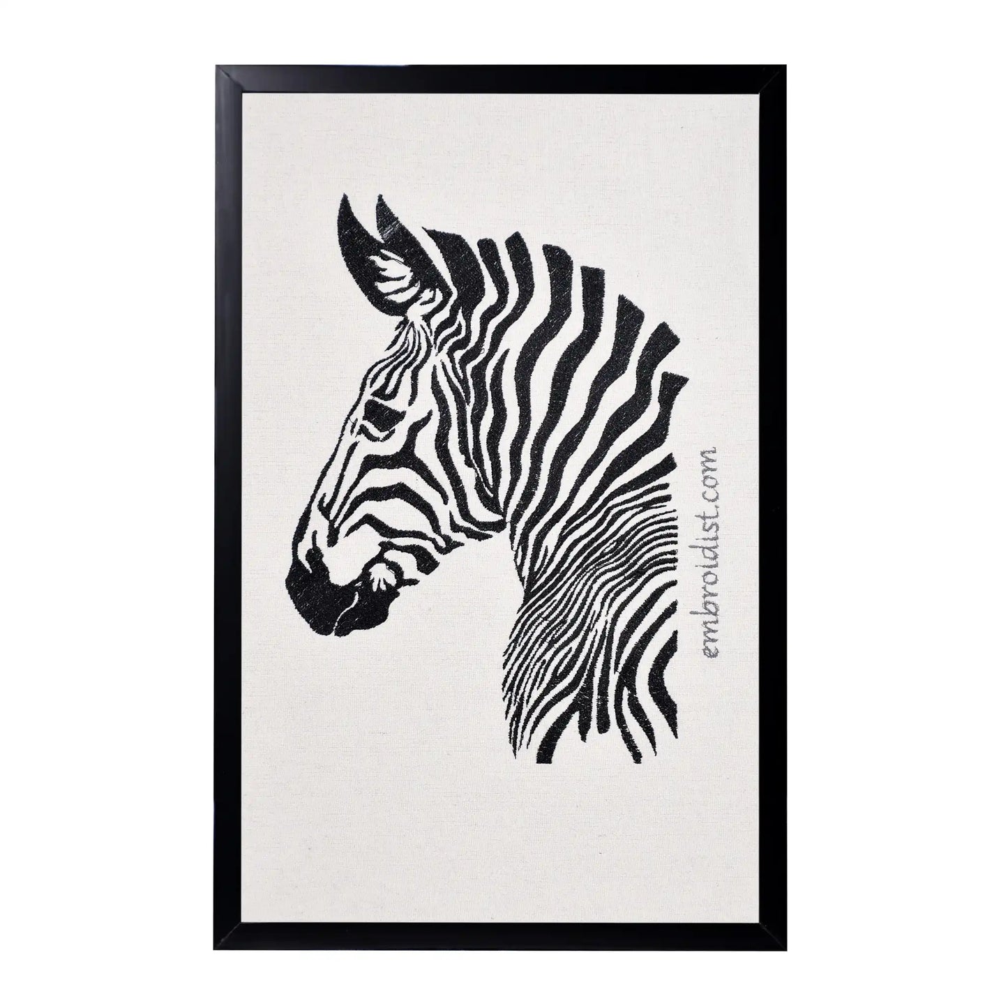 Machine embroidered zebra wall art — 46,892 stitches on canvas by Embroidist
