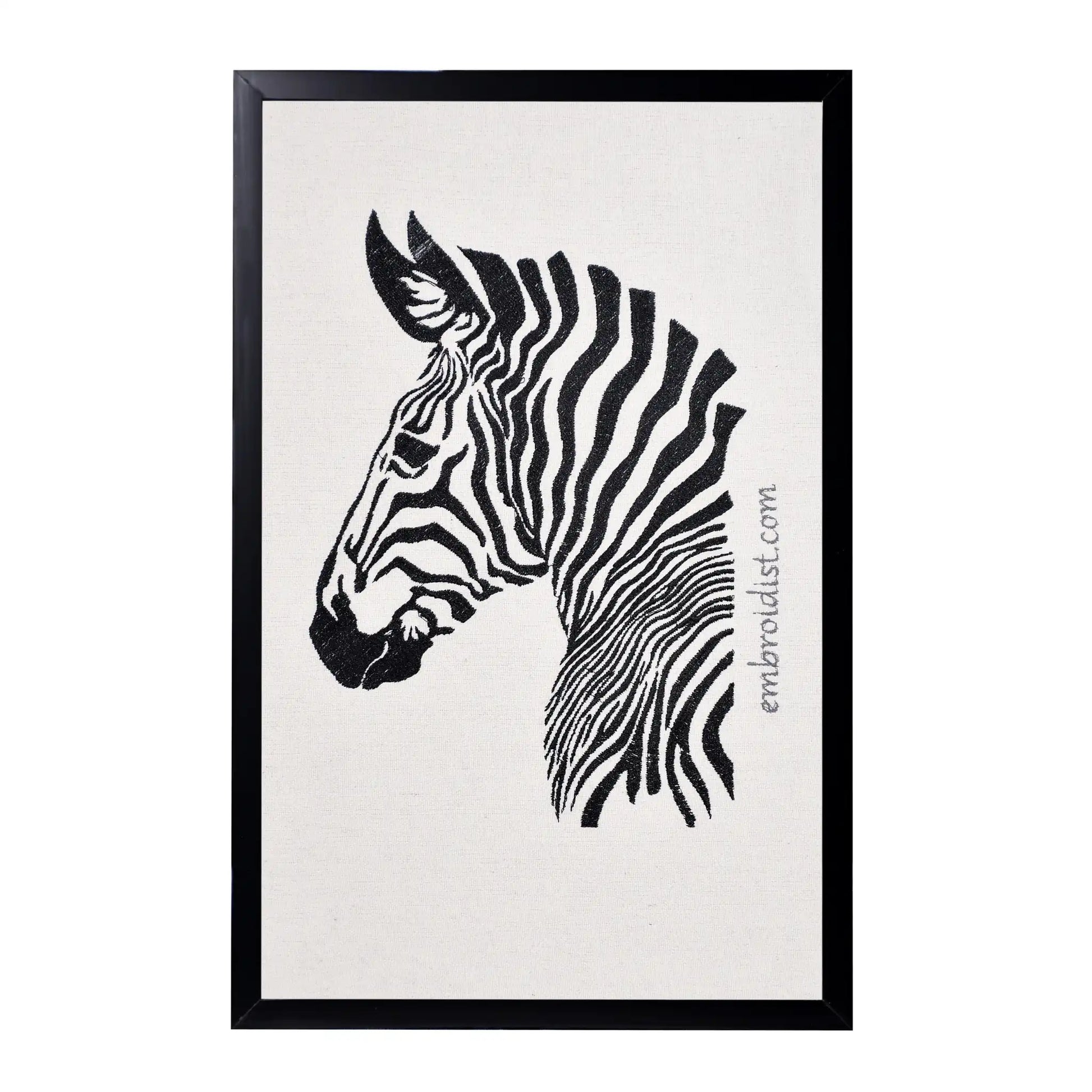 Machine embroidered zebra wall art — 46,892 stitches on canvas by Embroidist
