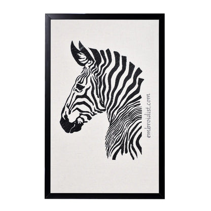 Machine embroidered zebra wall art — 46,892 stitches on canvas by Embroidist