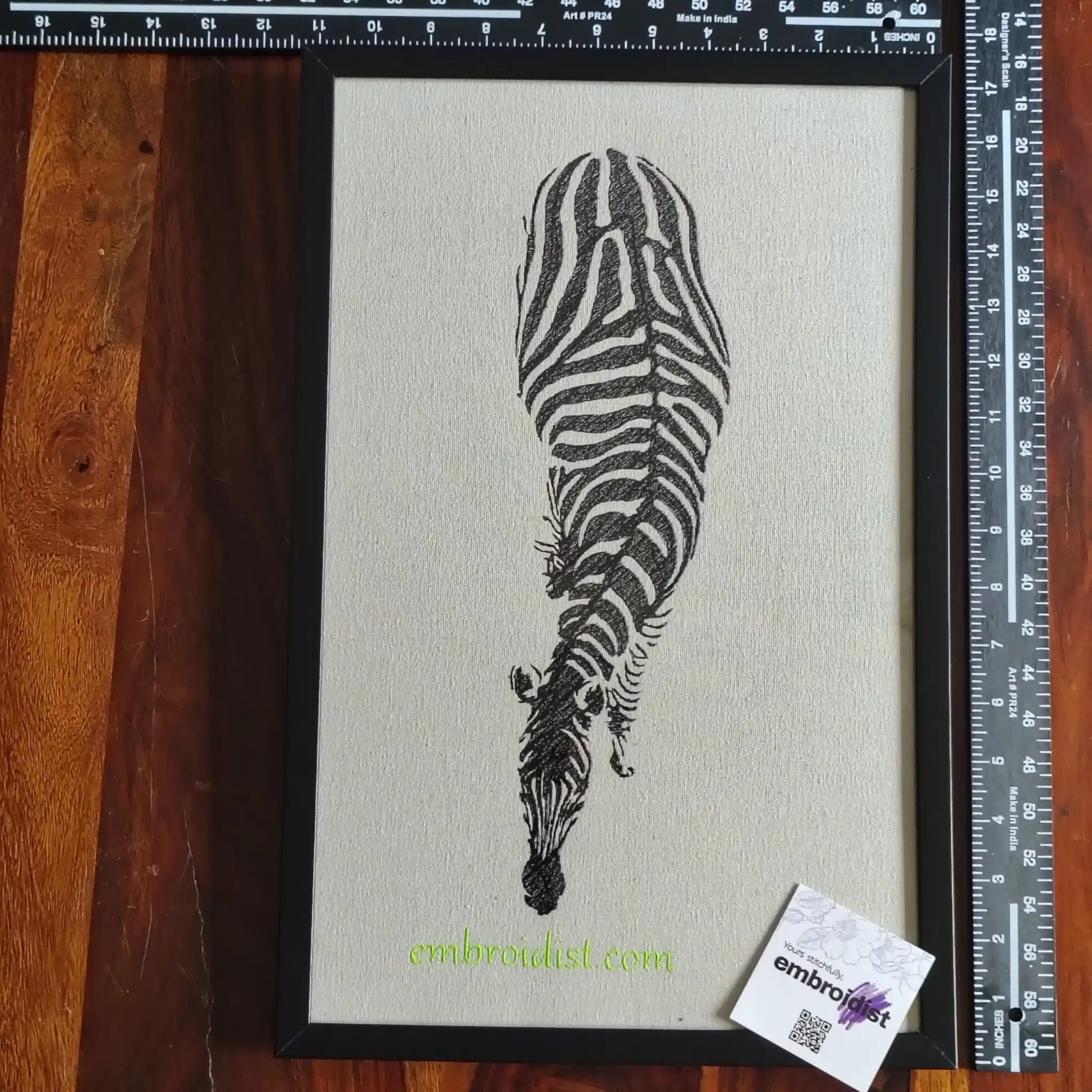 Framed zebra embroidered wall art — 17.3x11.3 inch machine embroidery handcrafted in India by Embroidist