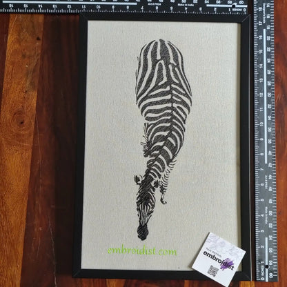 Framed zebra embroidered wall art — 17.3x11.3 inch machine embroidery handcrafted in India by Embroidist