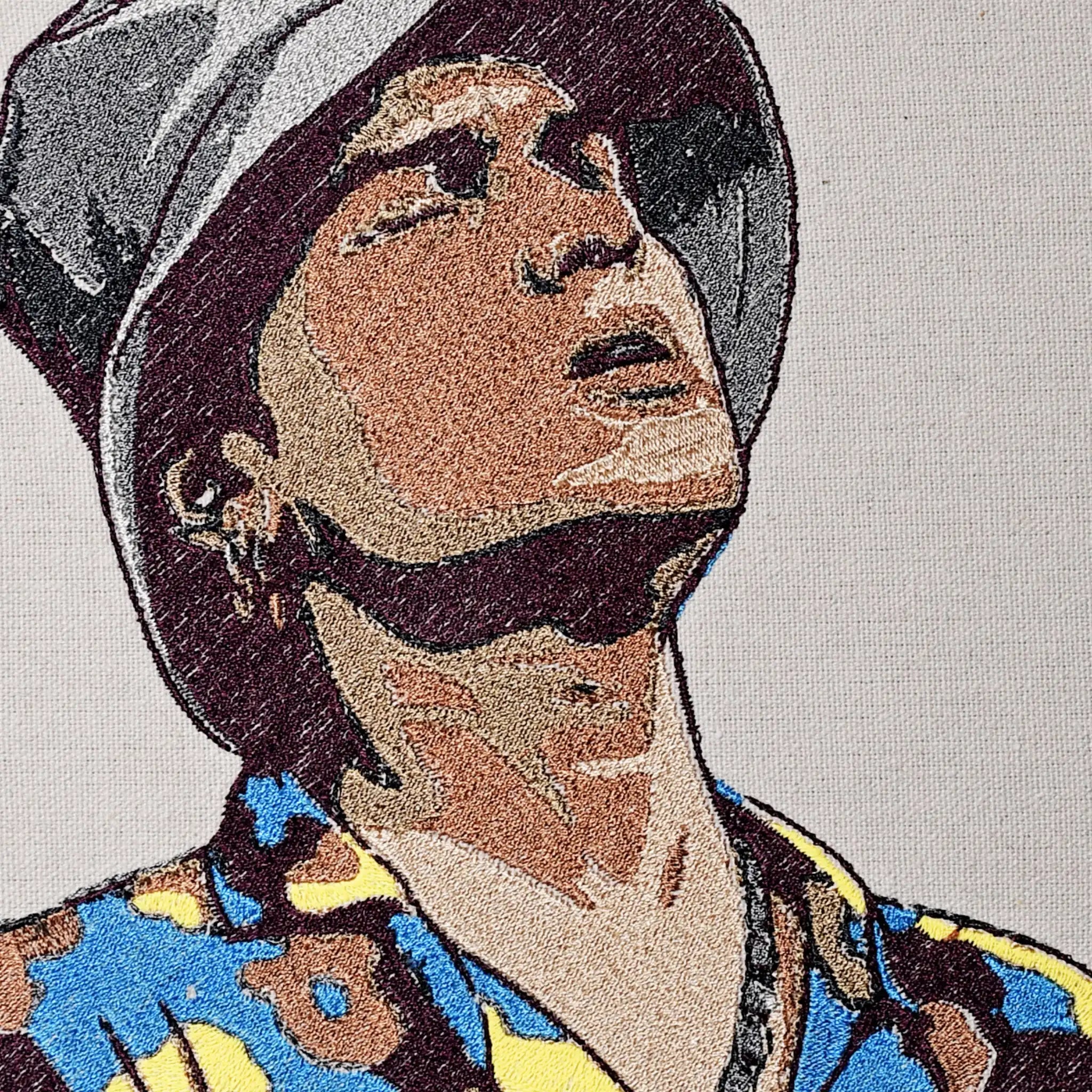 Close up of Zuben Garg thread embroidery portrait detail — wall art by Embroidist