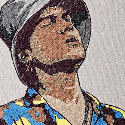 Close up of Zuben Garg thread embroidery portrait detail — wall art by Embroidist