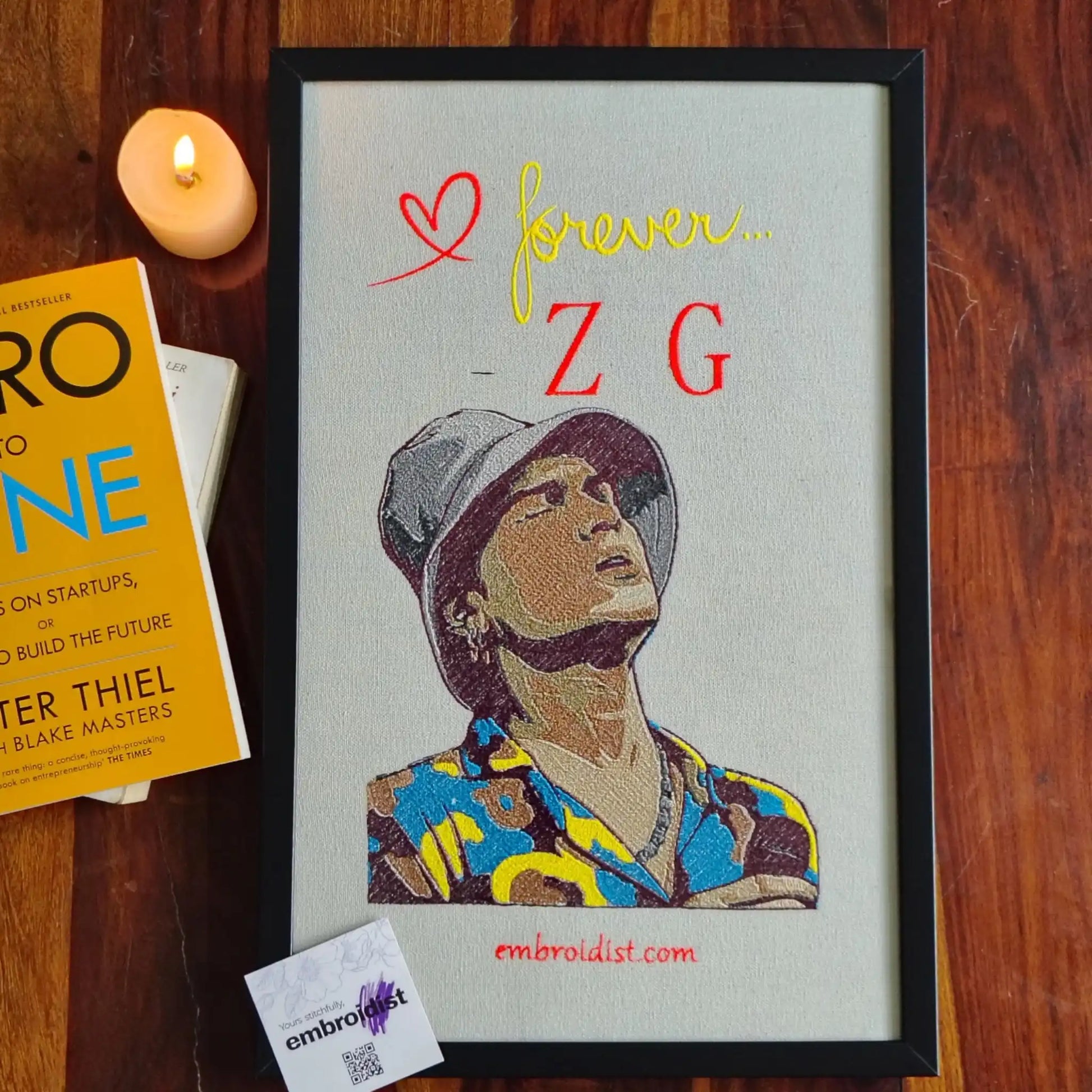 Zuben Garg embroidered wall art lifestyle image — framed art in home setting by Embroidist