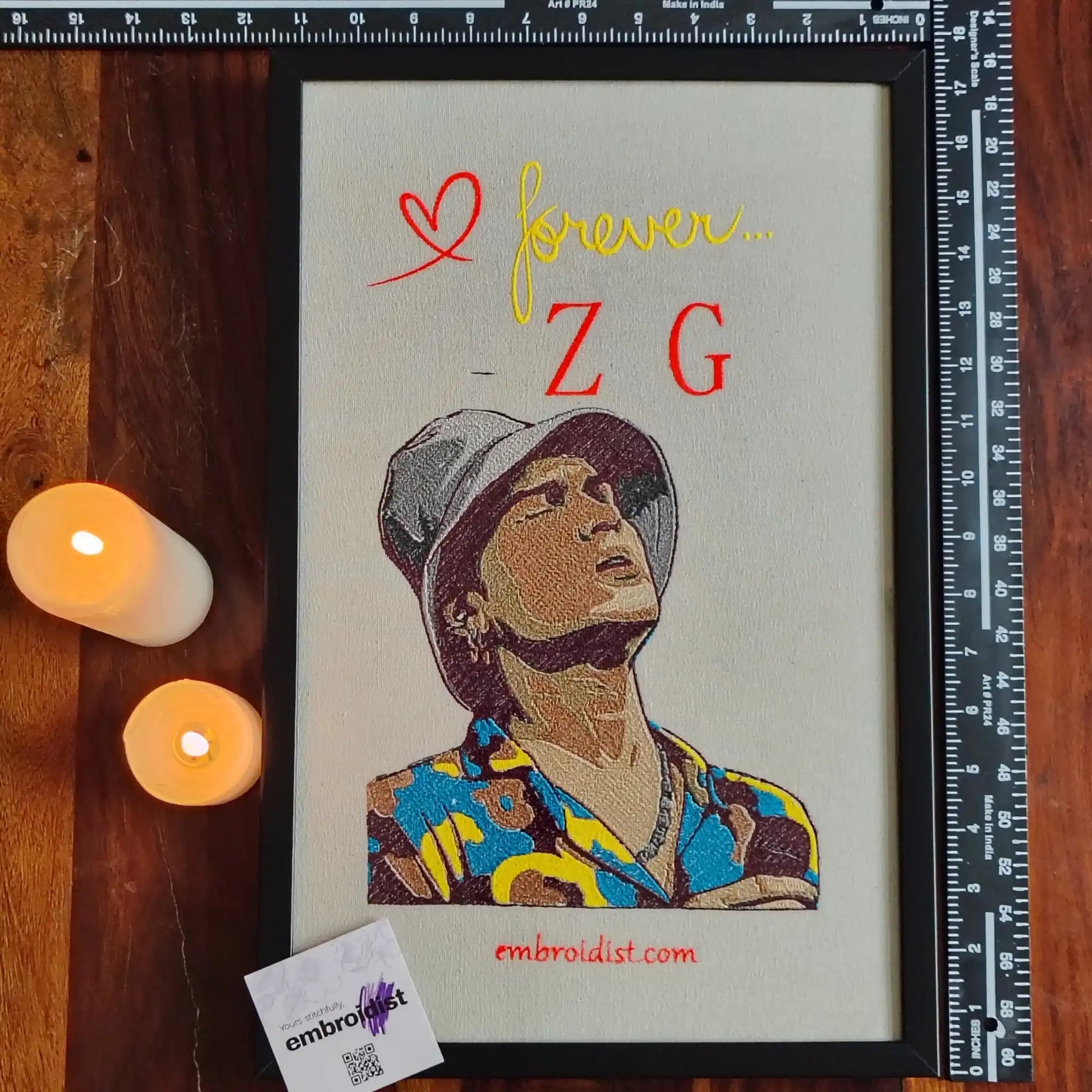 Framed Zuben Garg Forever embroidered wall art — 17.3x11.3 inch machine embroidery handcrafted in India by Embroidist