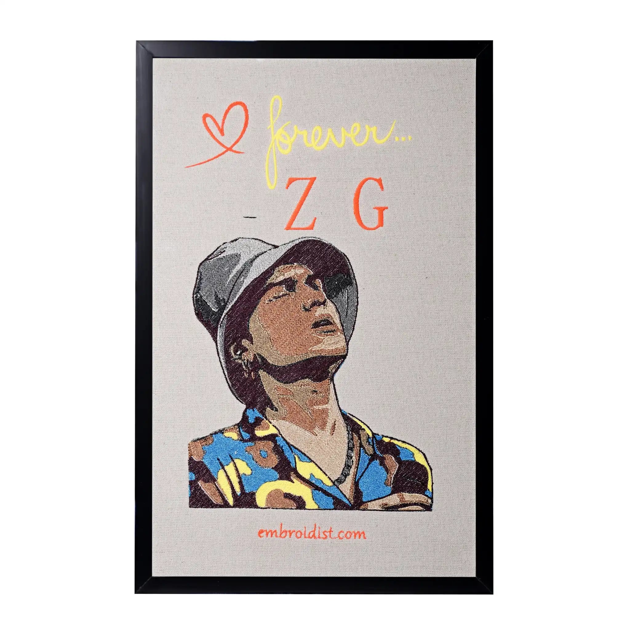 Machine embroidered Zuben Garg portrait wall art — 77,197 stitches on canvas by Embroidist