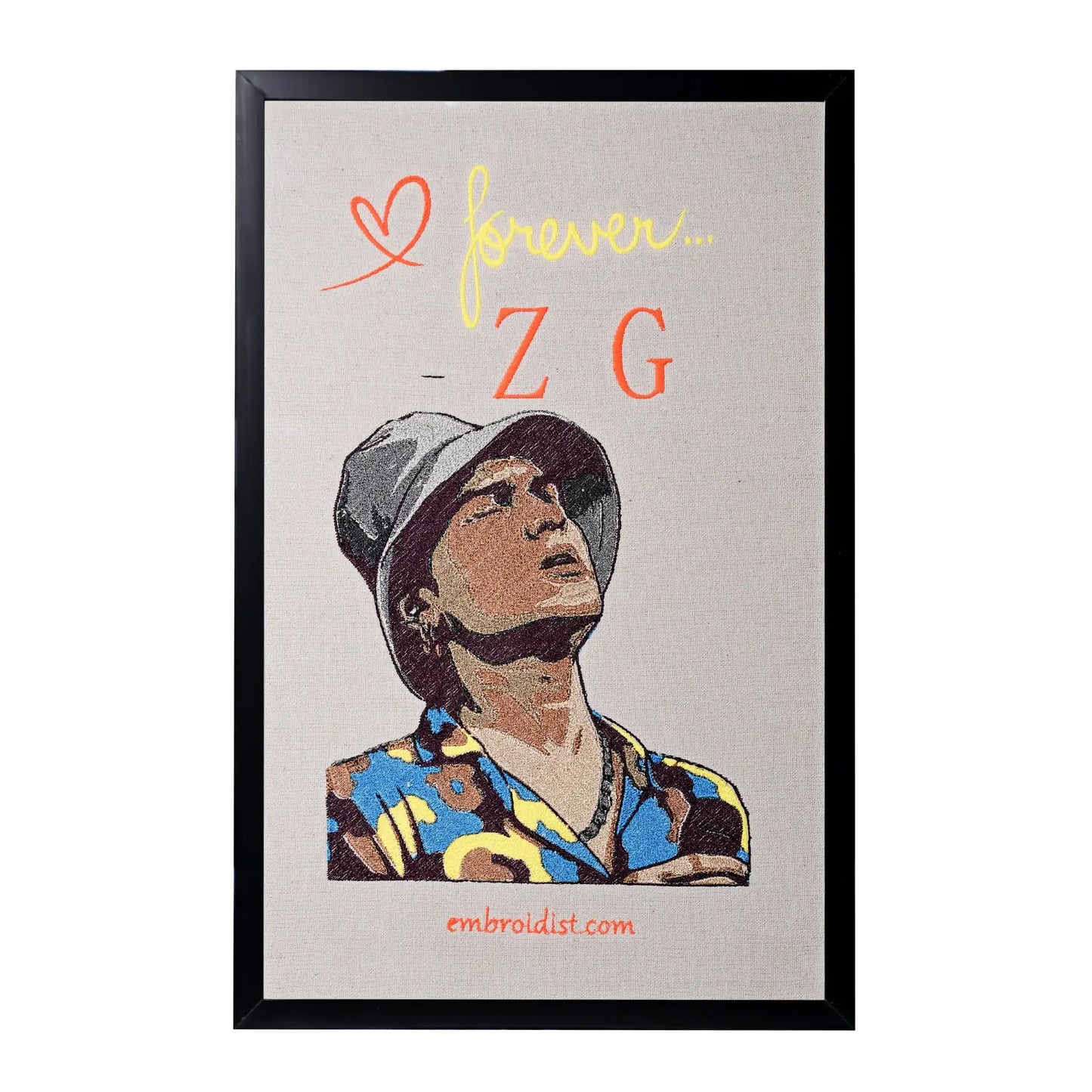 Machine embroidered Zuben Garg portrait wall art — 77,197 stitches on canvas by Embroidist