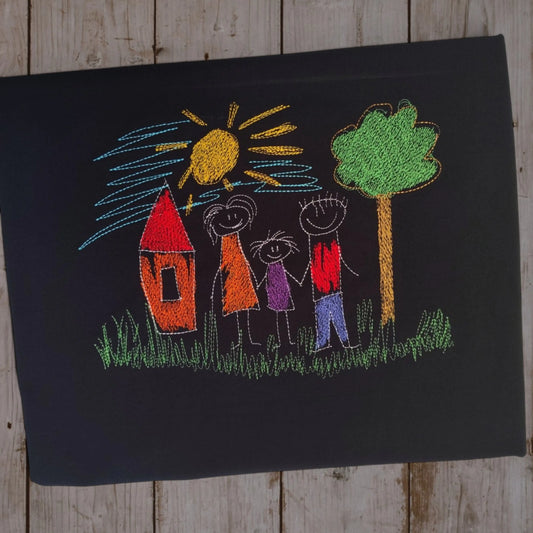 Family embroidery t-shirt with colourful child-art design on black cotton — flat lay
