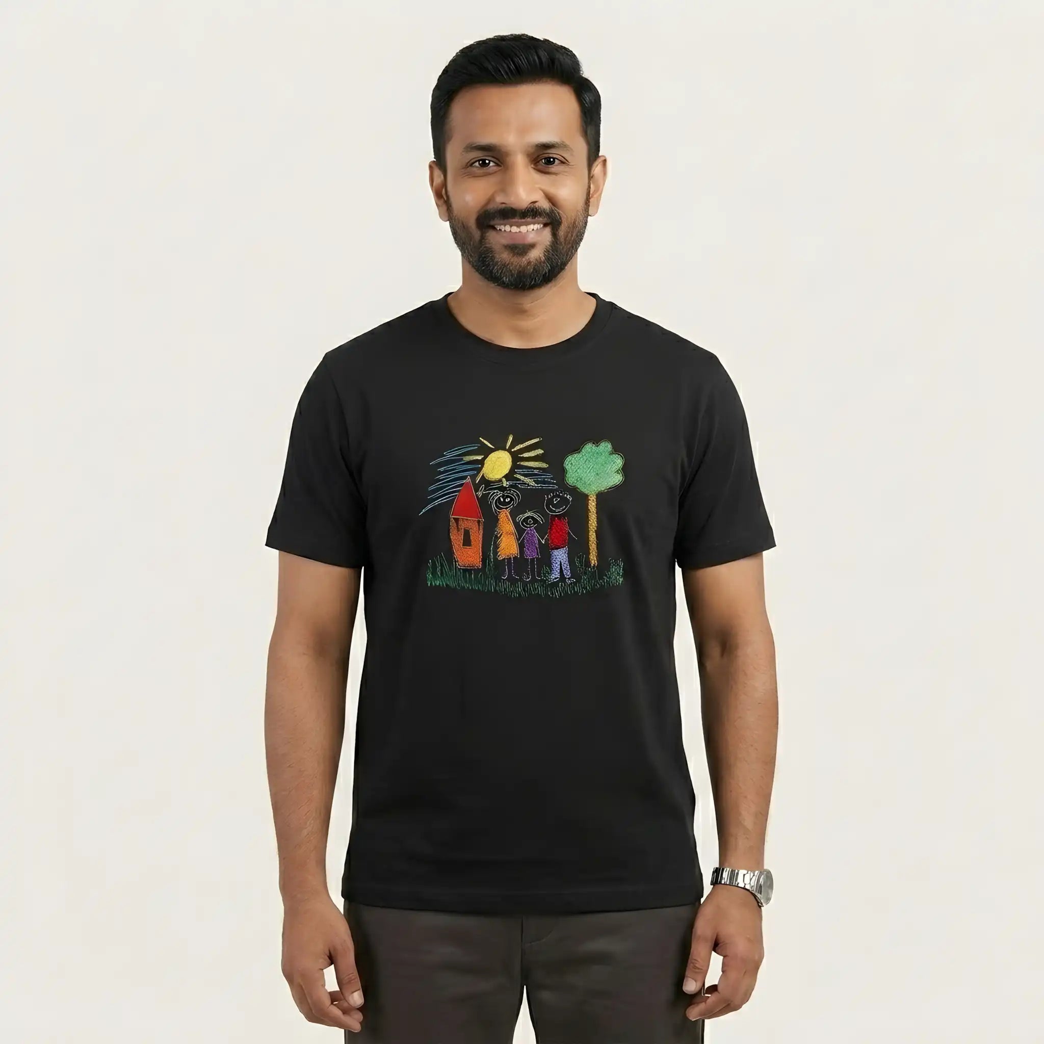 Man wearing black embroidery t-shirt with family sketch design — front view