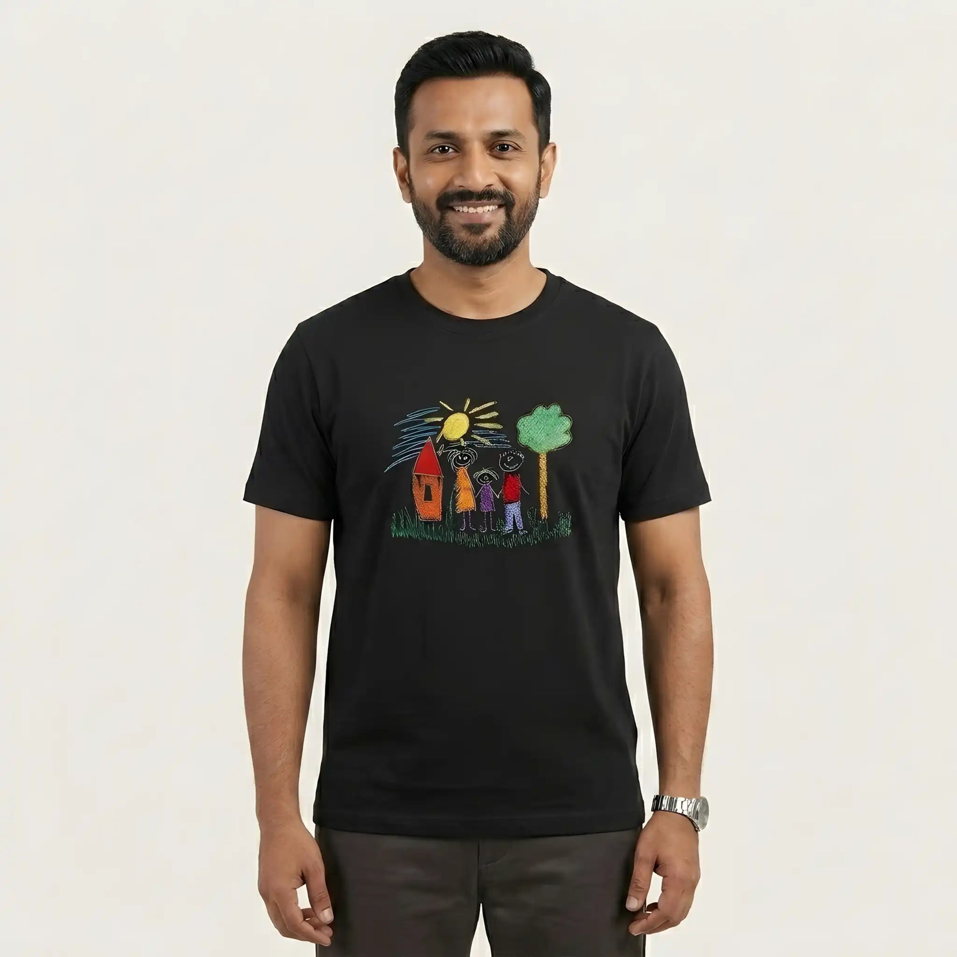 Man wearing black embroidery t-shirt with family sketch design — front view
