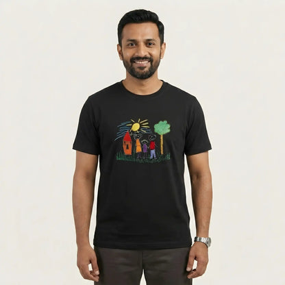 Man wearing black embroidery t-shirt with family sketch design — front view