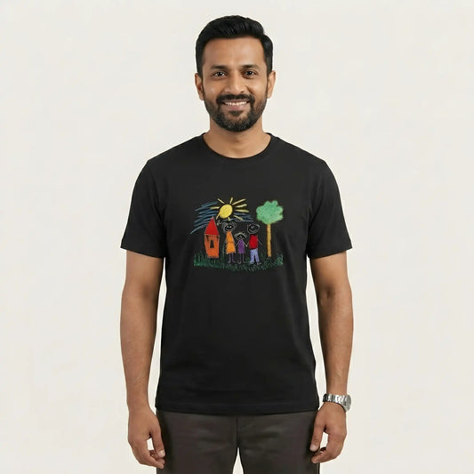 Man wearing black embroidery t-shirt with family sketch design — front view