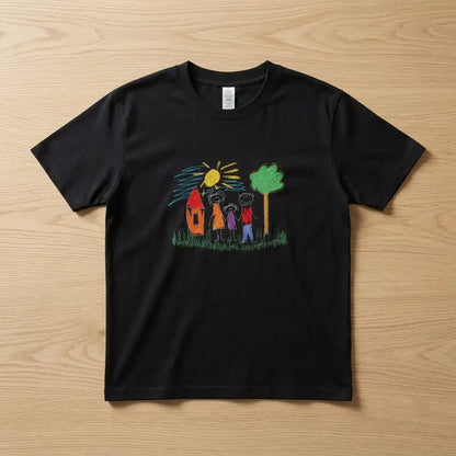 Family embroidery t-shirt on tan background — product flat lay