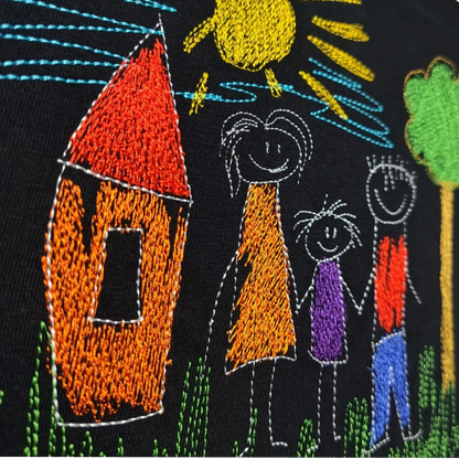 Close-up of colourful family embroidery design on black t-shirt
