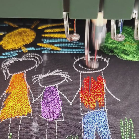 Brother embroidery machine stitching family design on black t-shirt — process video