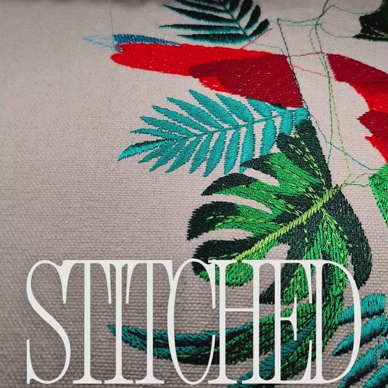 Macaw parrot with tropical flowers and foliage, 76,897 stitches, framed embroidered wall art handcrafted in India by Embroidist
