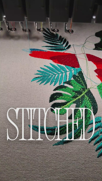Macaw parrot with tropical flowers and foliage, 76,897 stitches, framed embroidered wall art handcrafted in India by Embroidist