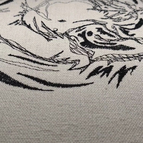 Tiger portrait with Save The Tigers text on natural linen, 45,191 stitches, framed embroidered wall art handcrafted in India by Embroidist