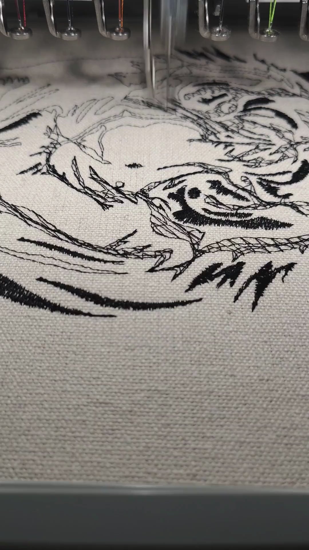 Tiger portrait with Save The Tigers text on natural linen, 45,191 stitches, framed embroidered wall art handcrafted in India by Embroidist